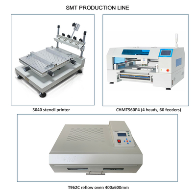 Advanced 4 Head Pick and Place Machine SMT Line Produksi CHMT560P4, 3040 Printer, T962C Reflow Oven