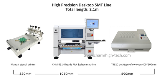 Keakuratan Tinggi 0201 Desktop PCB Assembly Line 4 Kepala CHM-551 SMD Pick and Place Machine Reflow Oven T962C