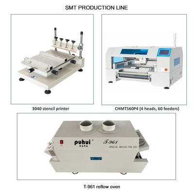 SMT Line kecil 60 Feeders 4 Kepala CHMT560P4 SMT P & P Mesin / Reflow Oven T961 / Solder Paste Printer 3040