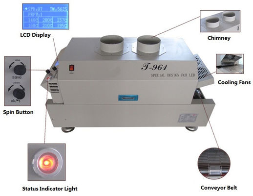 T961 Desktop Reflow Oven dengan conveyor 730 * 230mm 6 zona suhu Mesin Solder 3.5KW